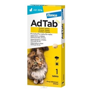 AdTab pre mačky 48 mg žuvacie tablety, hmotnosť mačky > 2,0-8,0 kg, 1x1 ks obrázok